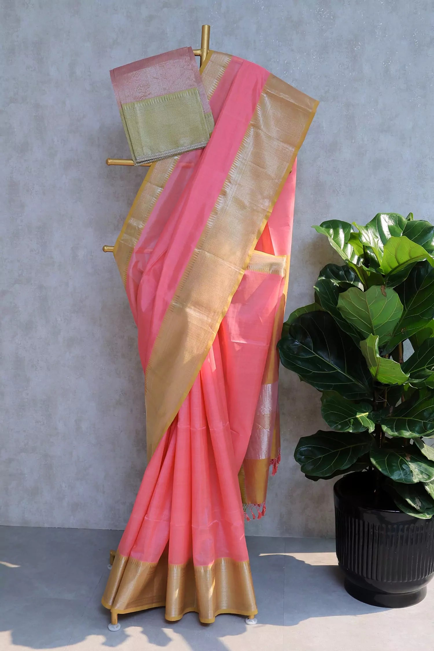 Peach & Yellow Mangalagiri Silk Saree