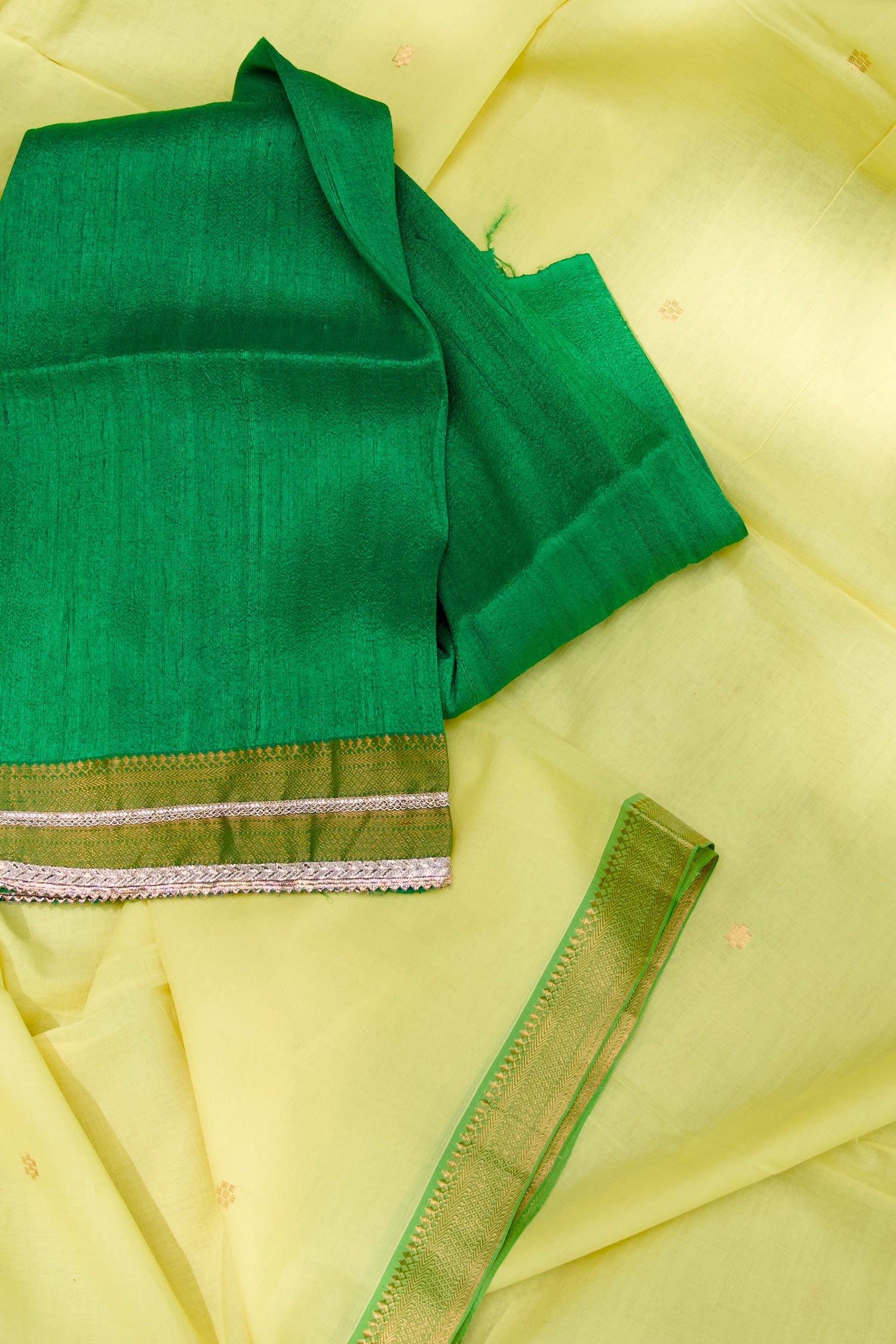 Lemon Yellow & Green Mangalagiri Cotton Saree
