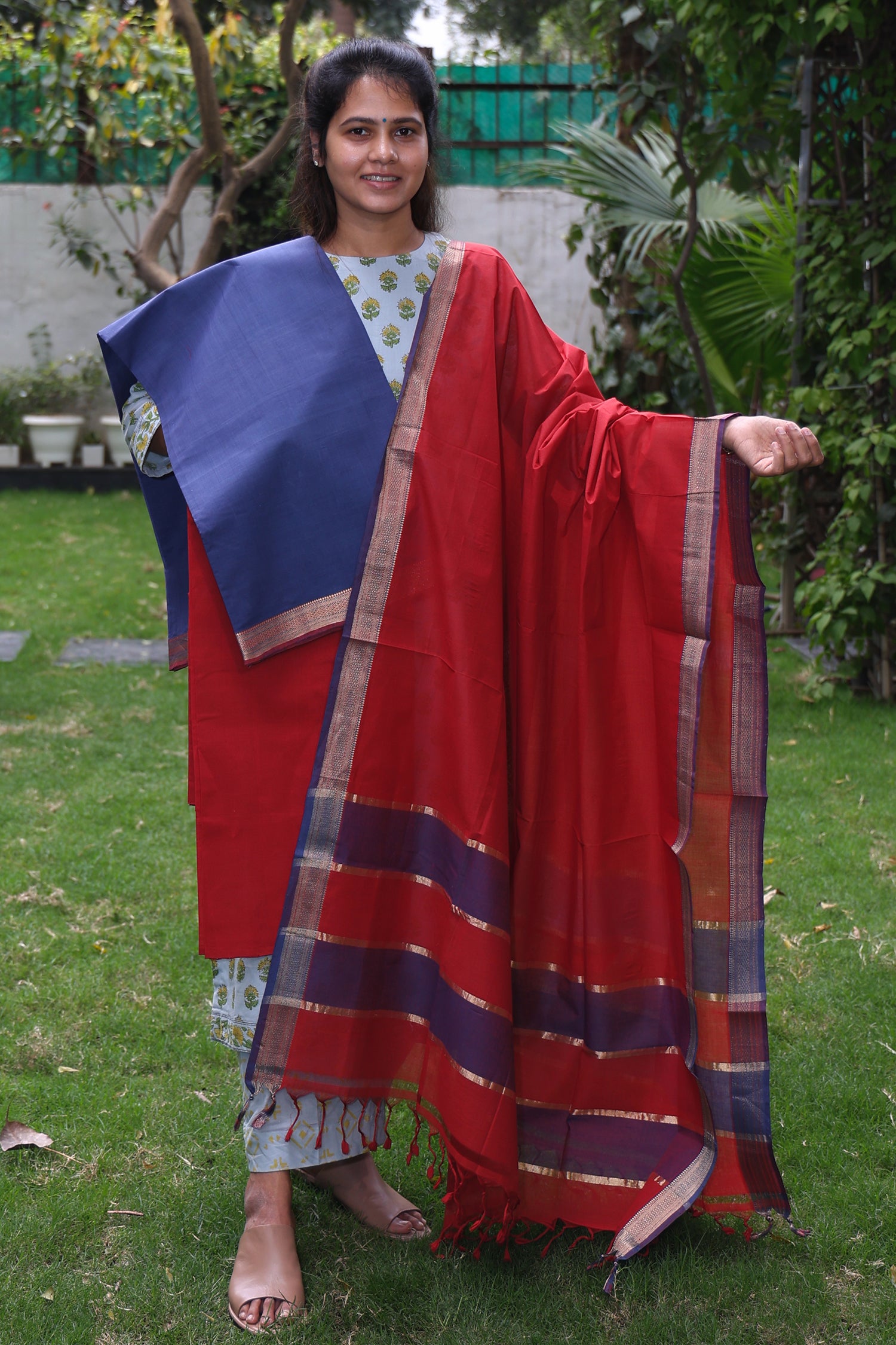 Blue and Red Mangalagiri Suit Set