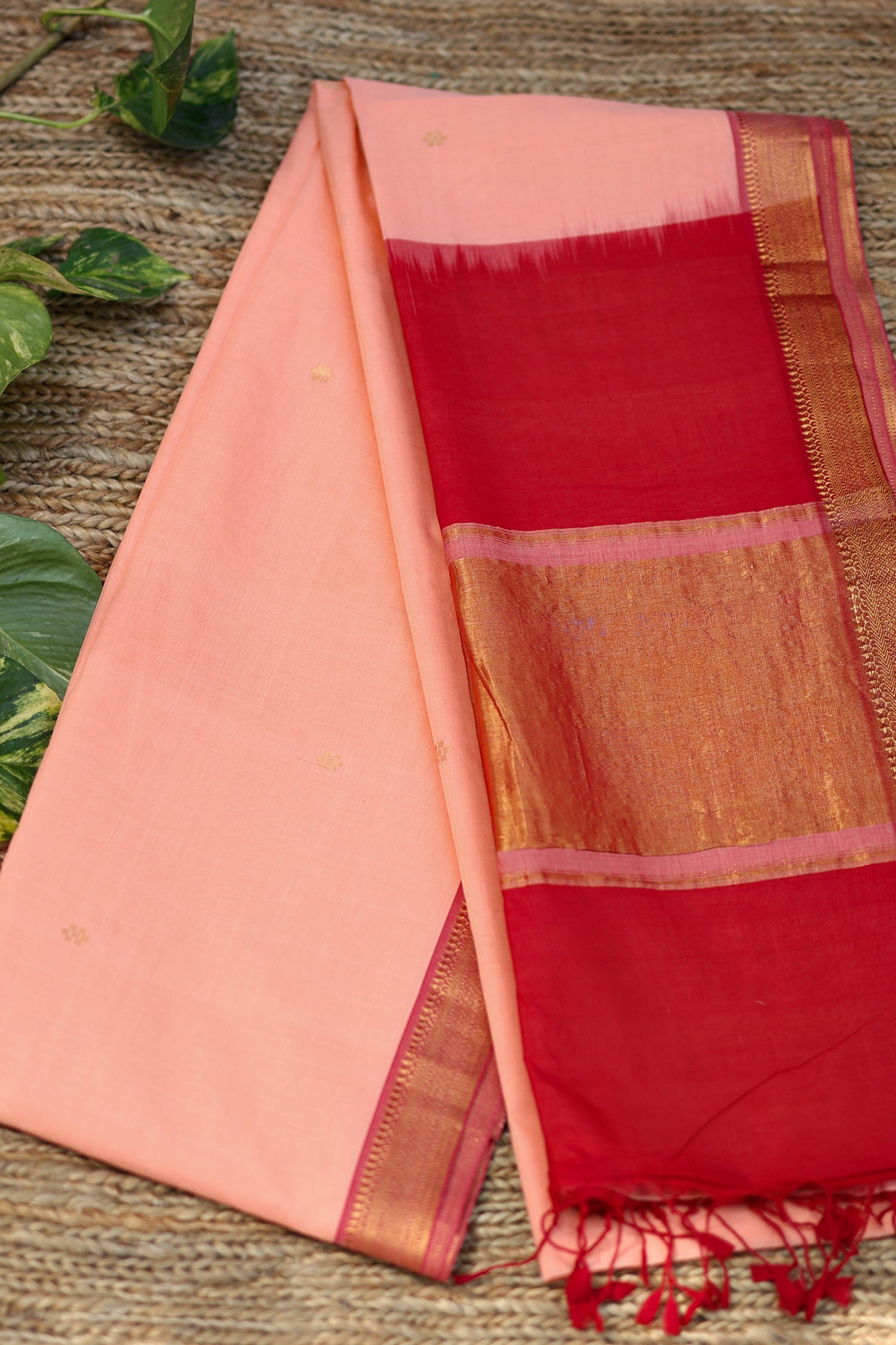 Peach & Red Mangalagiri Cotton Saree