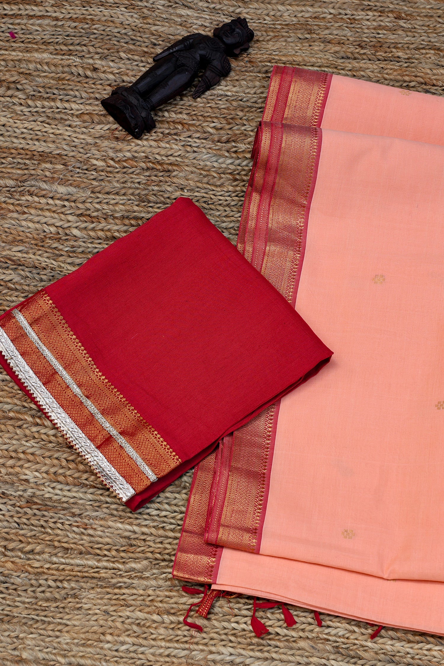 Peach & Red Mangalagiri Cotton Saree
