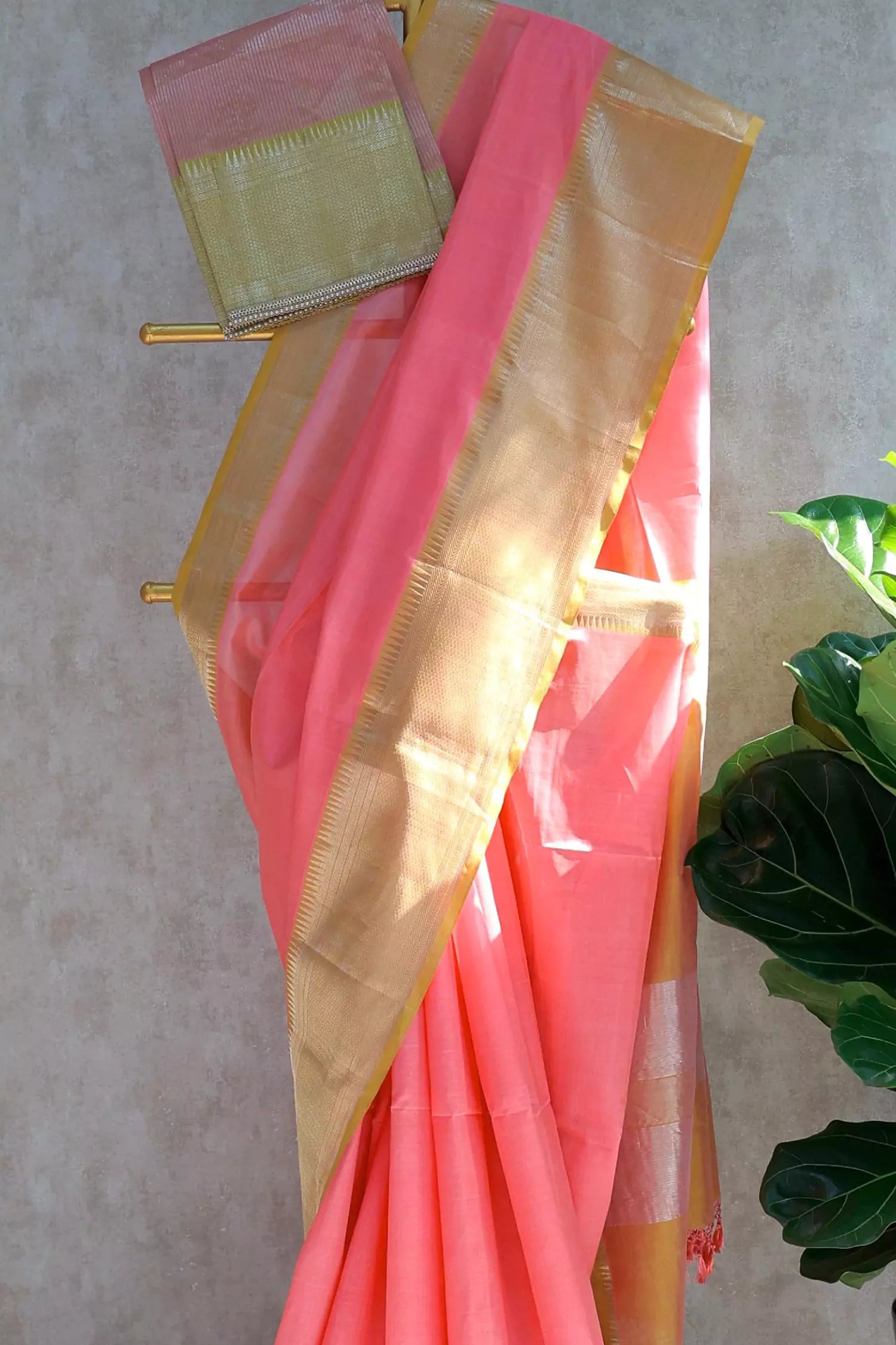 Peach & Yellow Mangalagiri Silk Saree