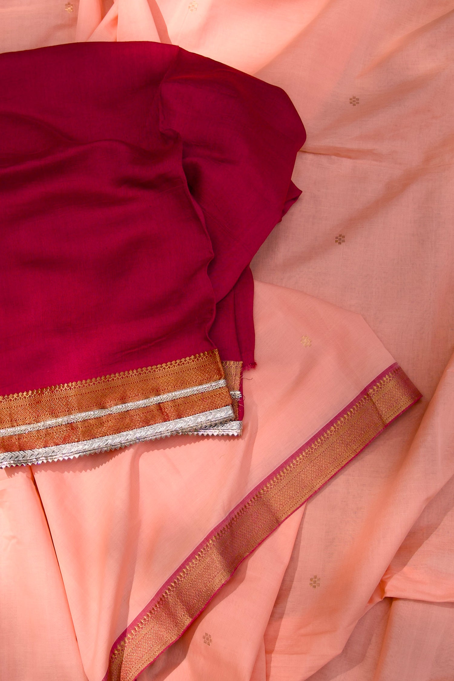 Peach & Red Mangalagiri Cotton Saree