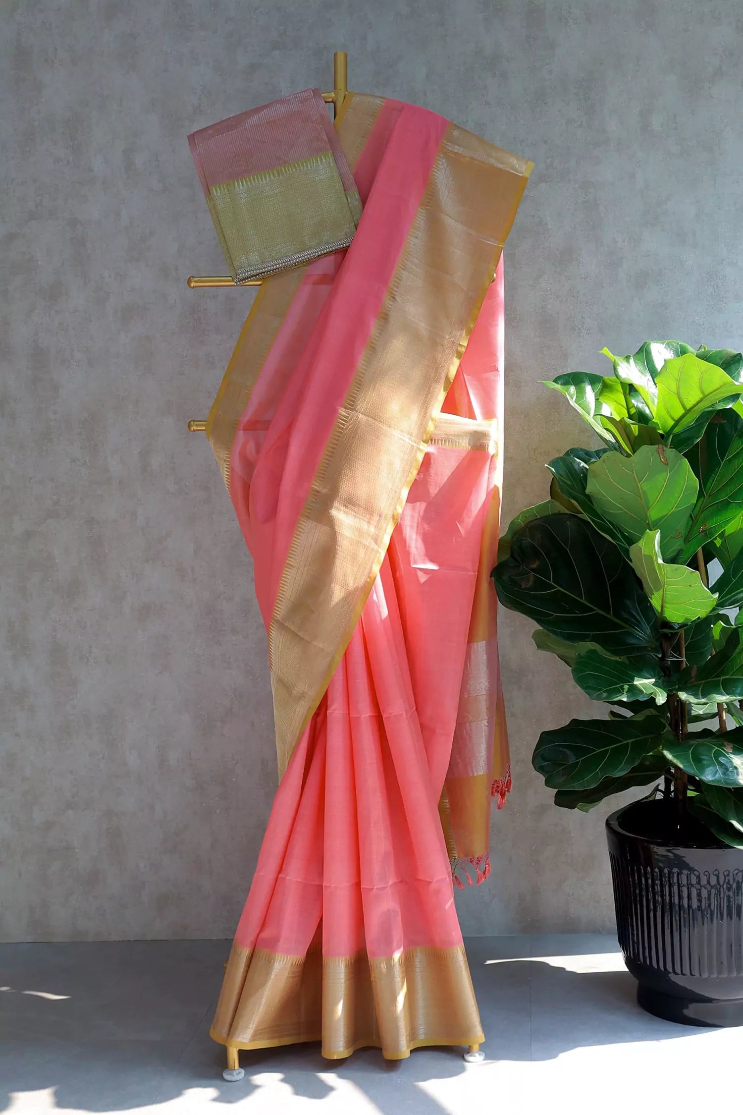 Peach & Yellow Mangalagiri Silk Saree