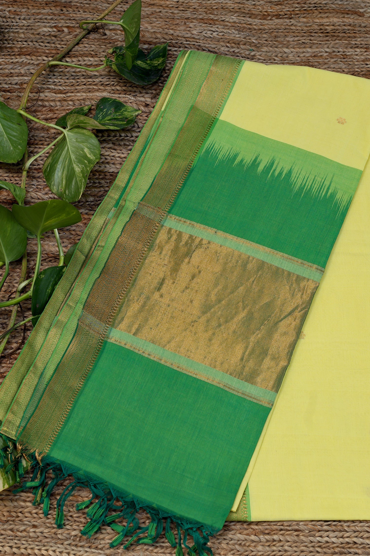 Lemon Yellow & Green Mangalagiri Cotton Saree