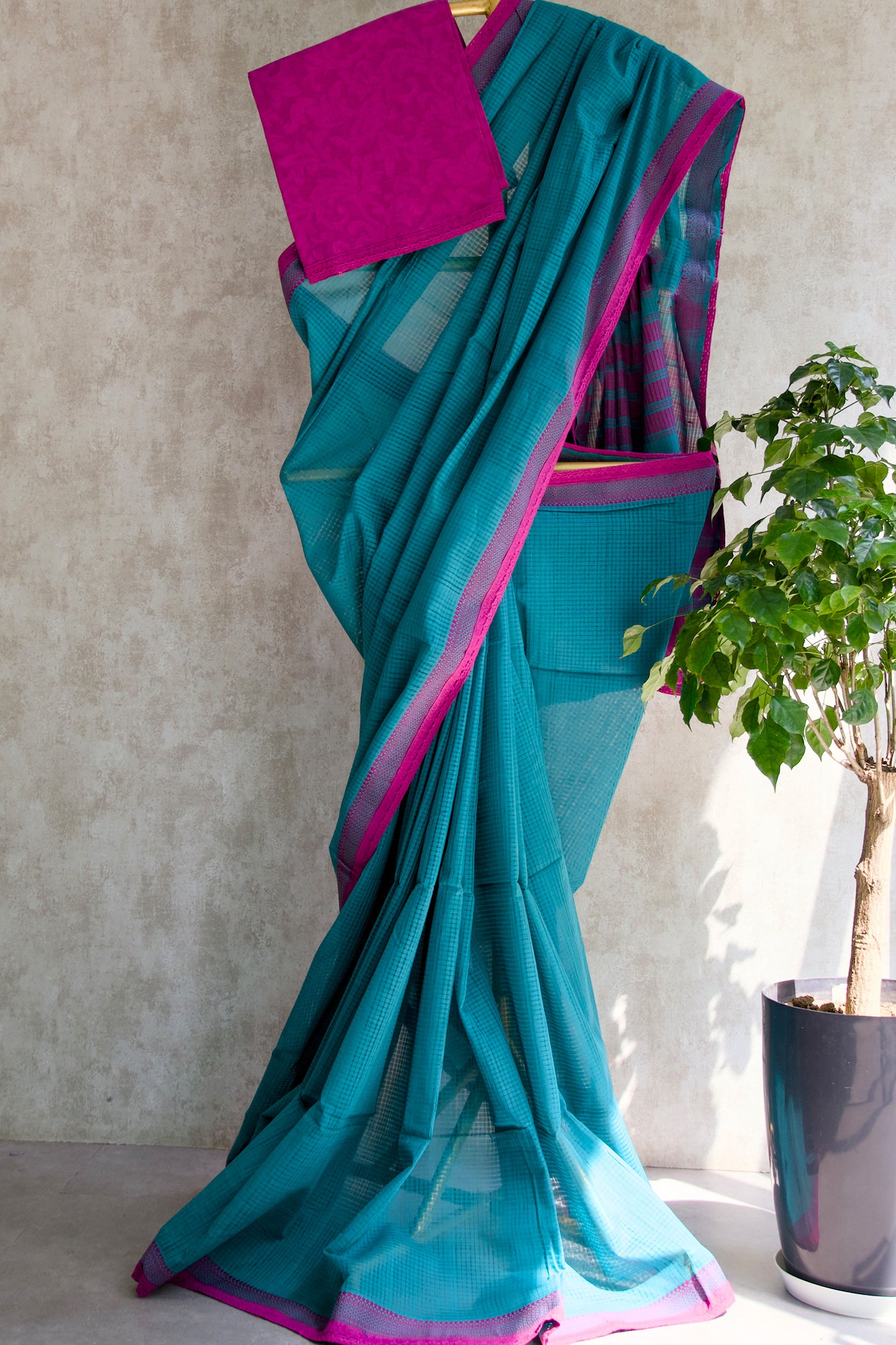 Pink & Moss Green Mangalagiri Cotton Saree