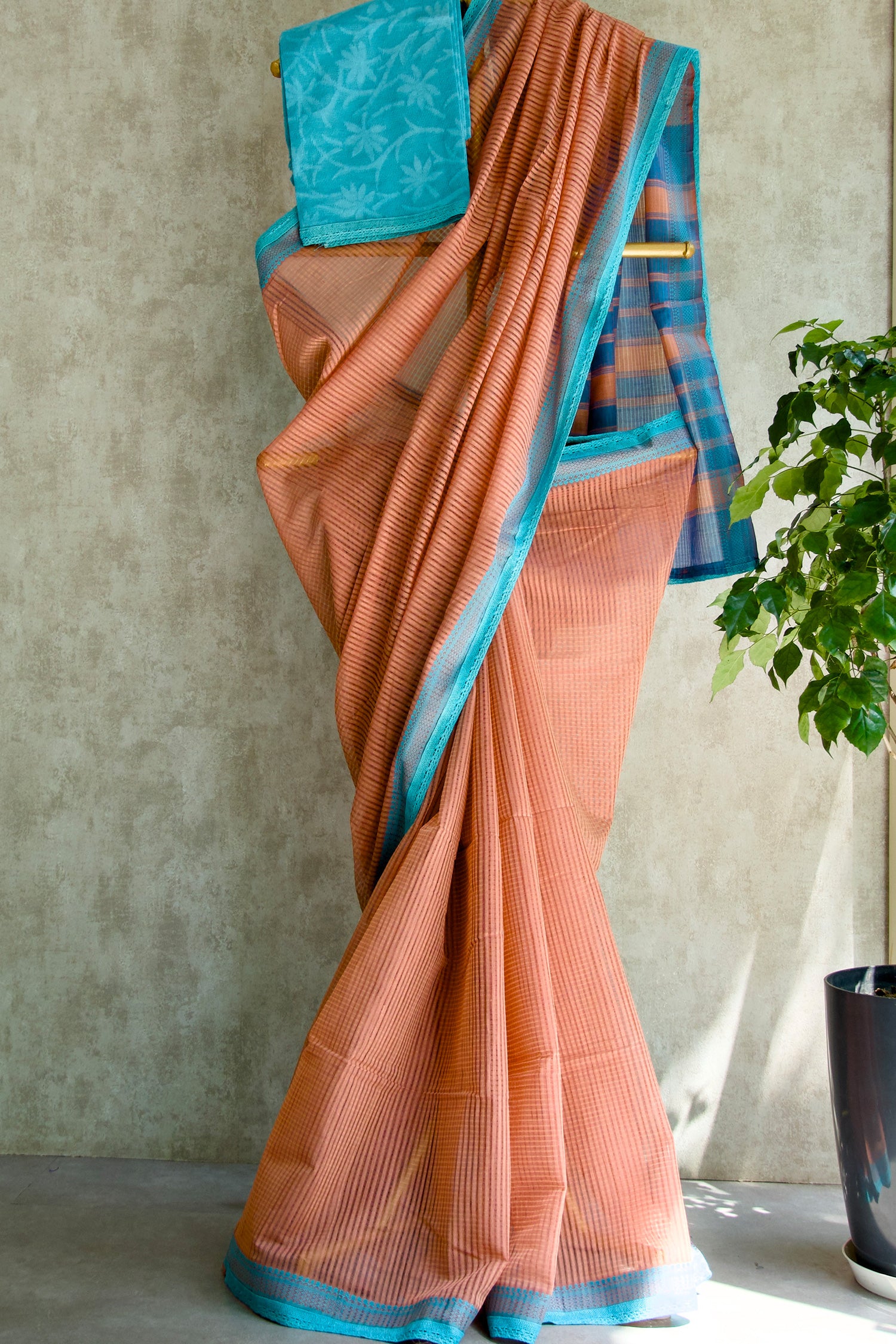 Blue & orange Mangalagiri Cotton Saree