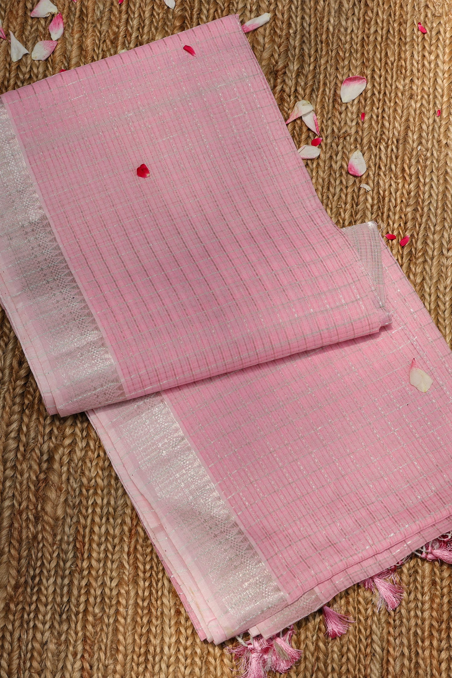 Baby Pink & Silver Check Mangalagiri Cotton Saree