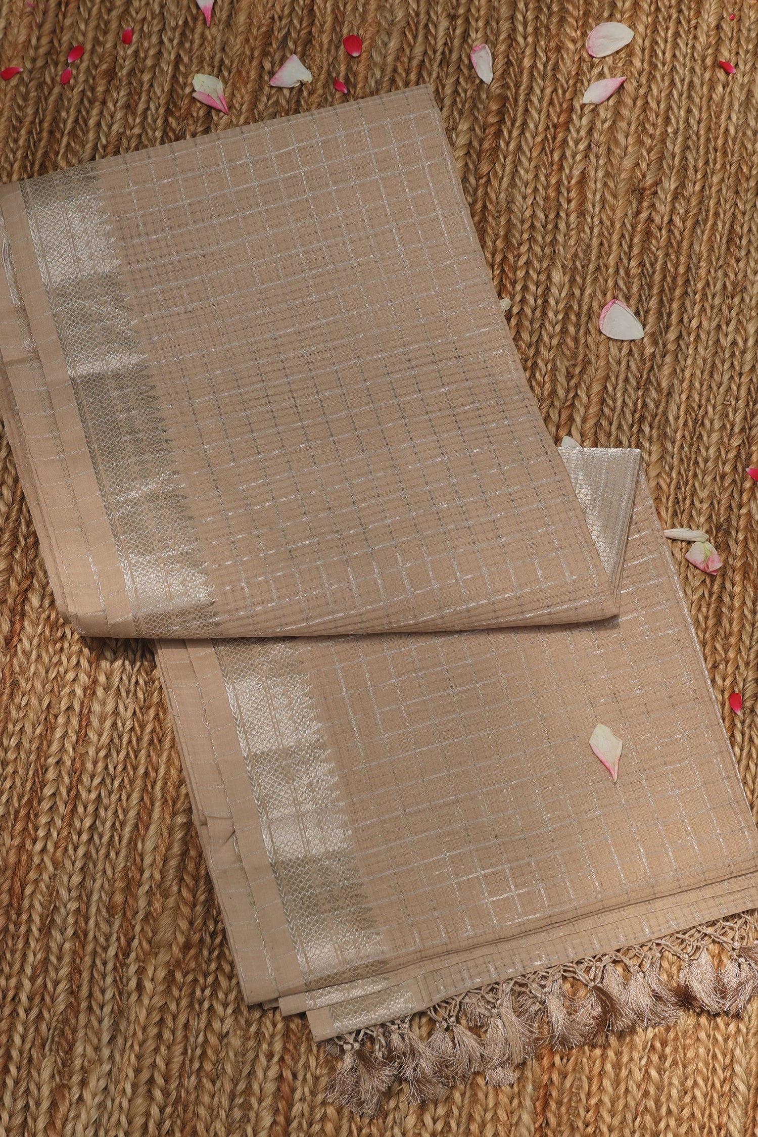 Coffee & Silver Check Mangalagiri Cotton Saree