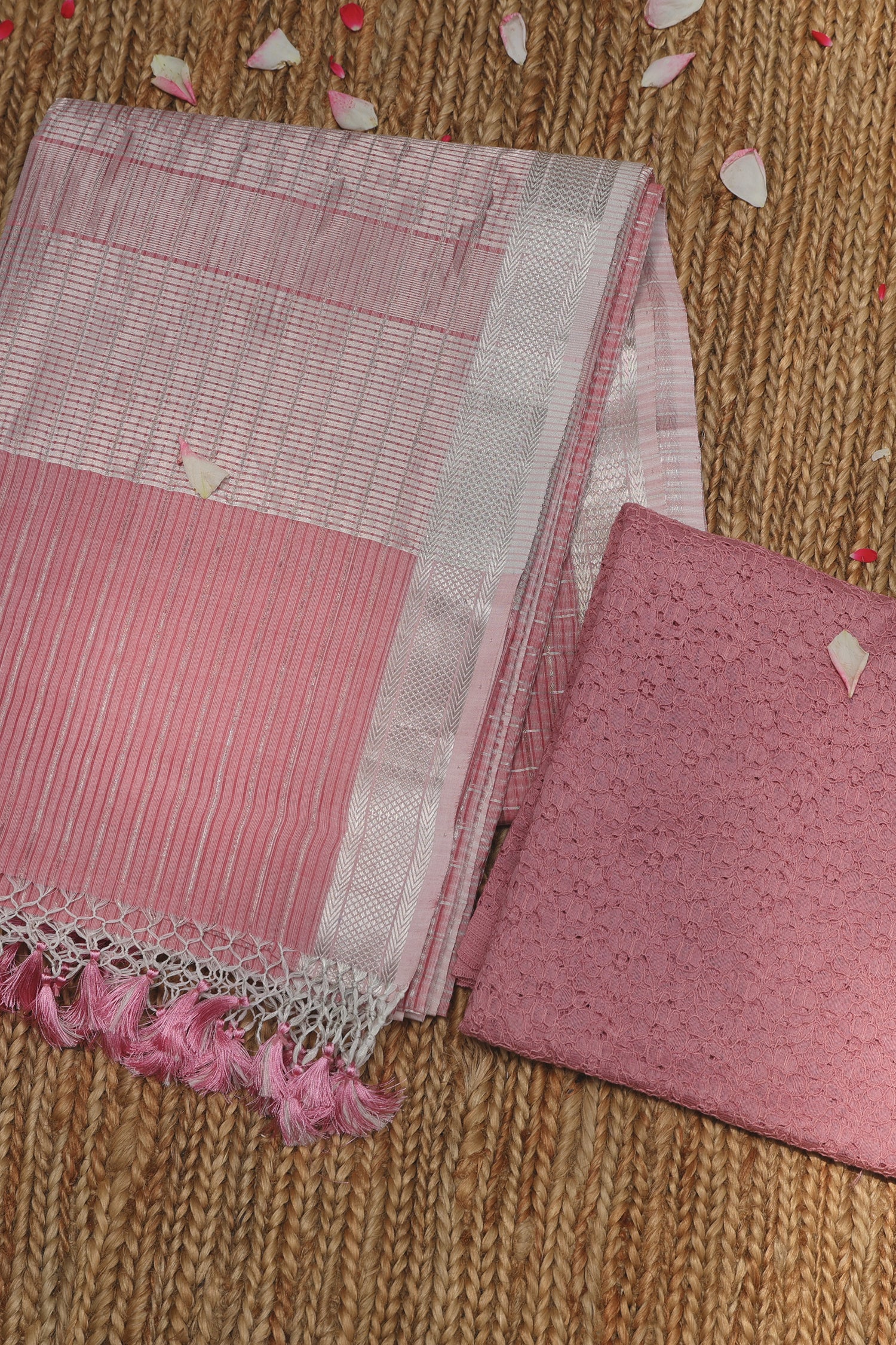 Rose Pink & Silver Check Mangalagiri Cotton Saree