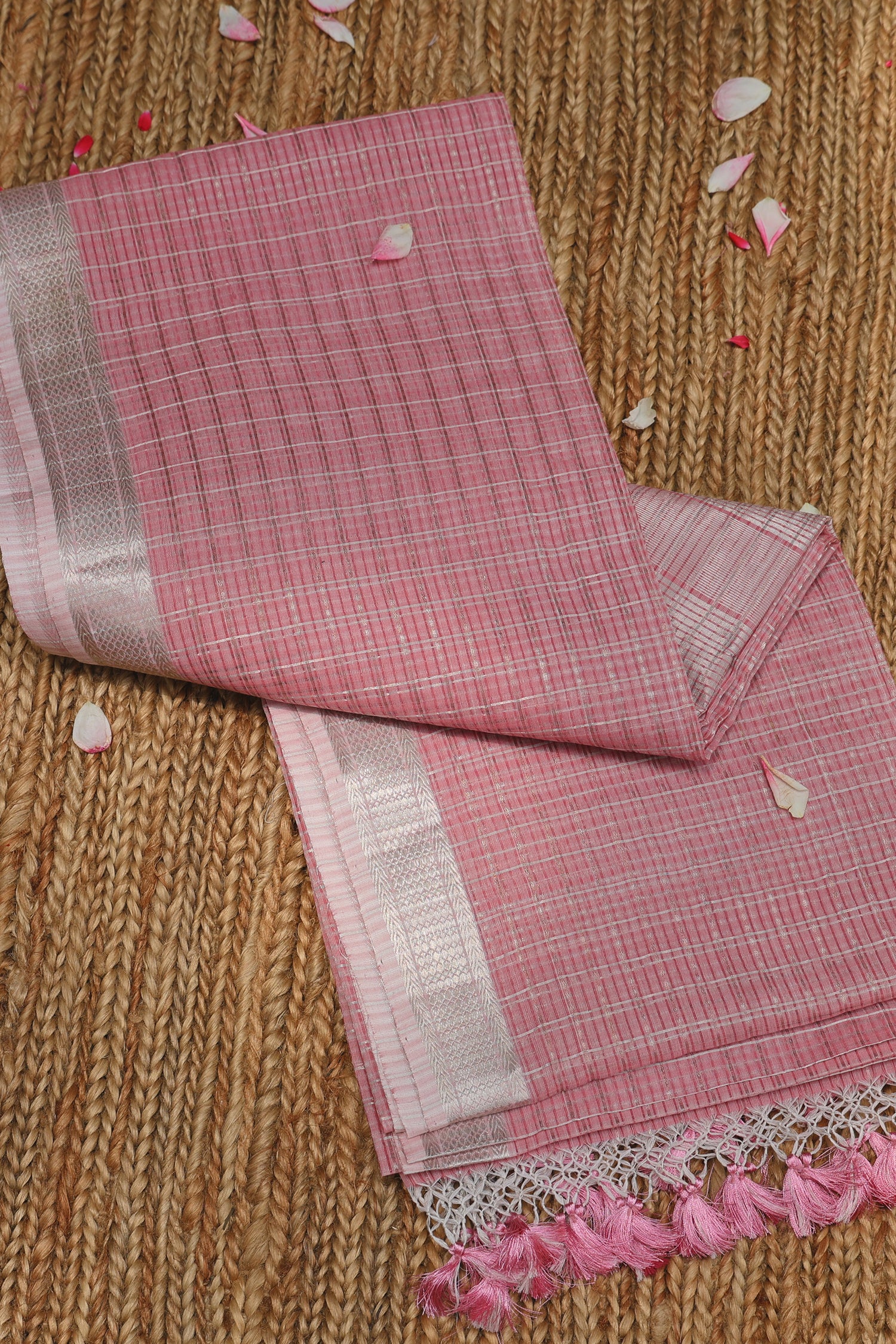 Rose Pink & Silver Check Mangalagiri Cotton Saree