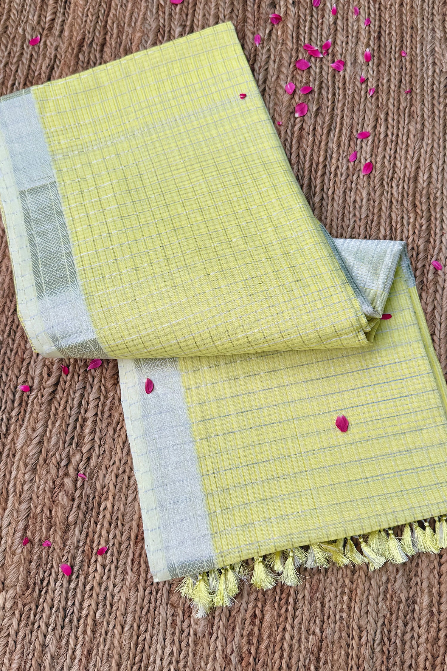 Pastel Yellow & Silver Check Mangalagiri Cotton Saree